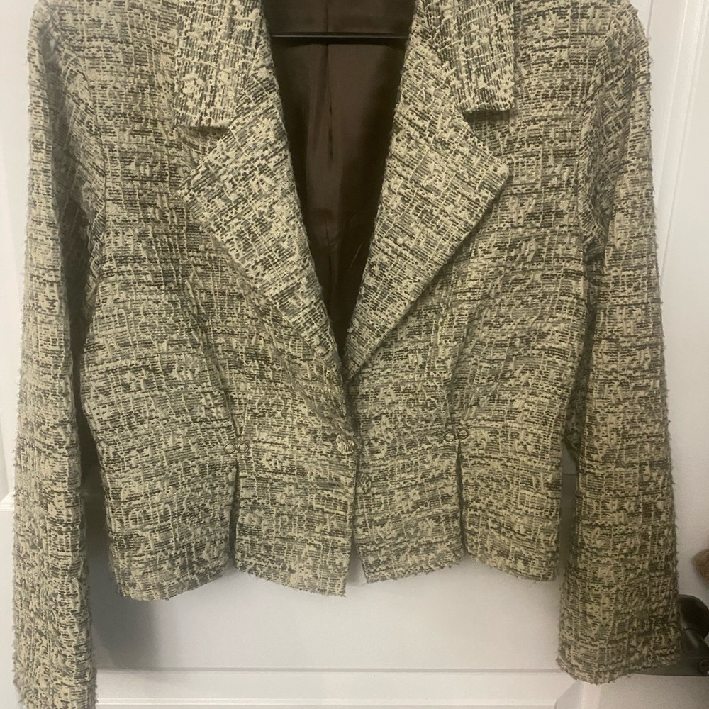 Women's Cropped Tweed Blazer One Button Closure - Cream Brown & Green Size M